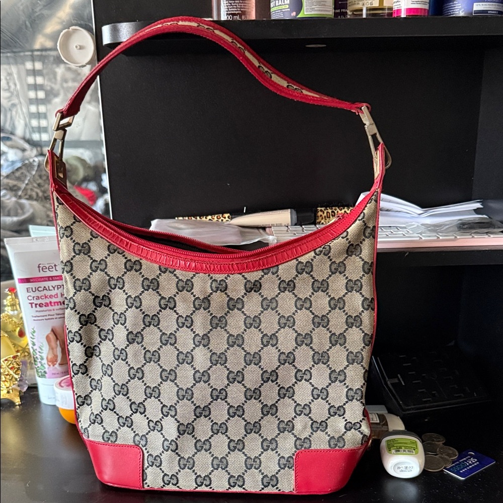 Gucci Beige and Red Monogram Shoulder Bag